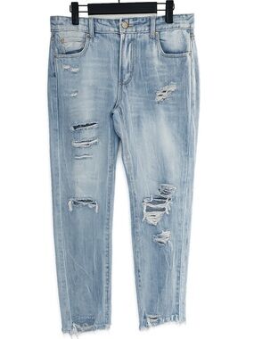 🍒GOGO Light Wash Y2K Distressed Boyfriend Straight Leg Jeans Raw Hem Mid Rise 11